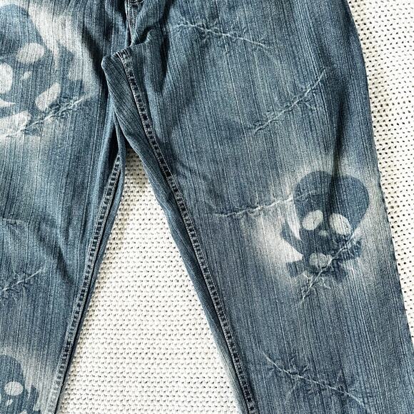 Muka Jeans Baggy Y2K Airbrushed Skull Stitches All Over Design Grunge Jeans 42 - Picture 5 of 16